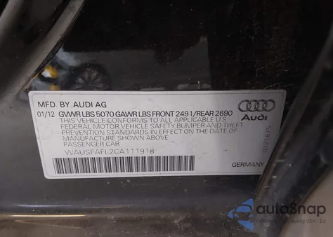 2012 Audi A4 2.0T Premium z USA, uszkodzony, nr VIN WAUSFAFL2CA111918